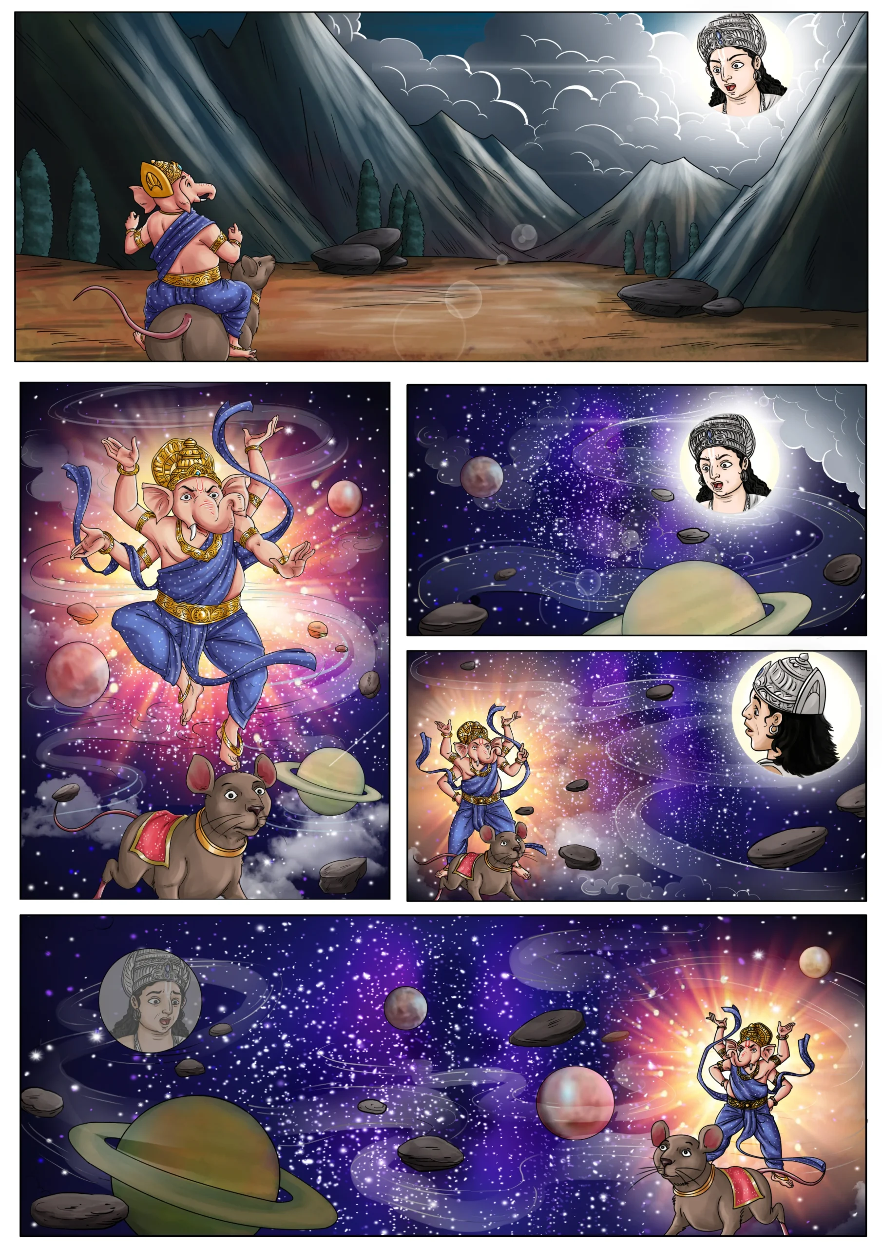 Lord Ganesha riding Mushak through the cosmic universe in a mythological illustration inspired by Hindu mythology with celestial planets and divine vision.