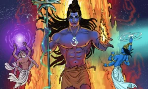 Lord Shiva holding the Trishul with divine fire, while Brahma and Vishnu symbolize the cosmic cycle in a detailed mythological illustration.