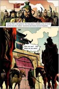 Historical comic book illustration featuring ancient nomadic warriors approaching a fortified city gate with cinematic storytelling, detailed character design, and professional sequential comic art.