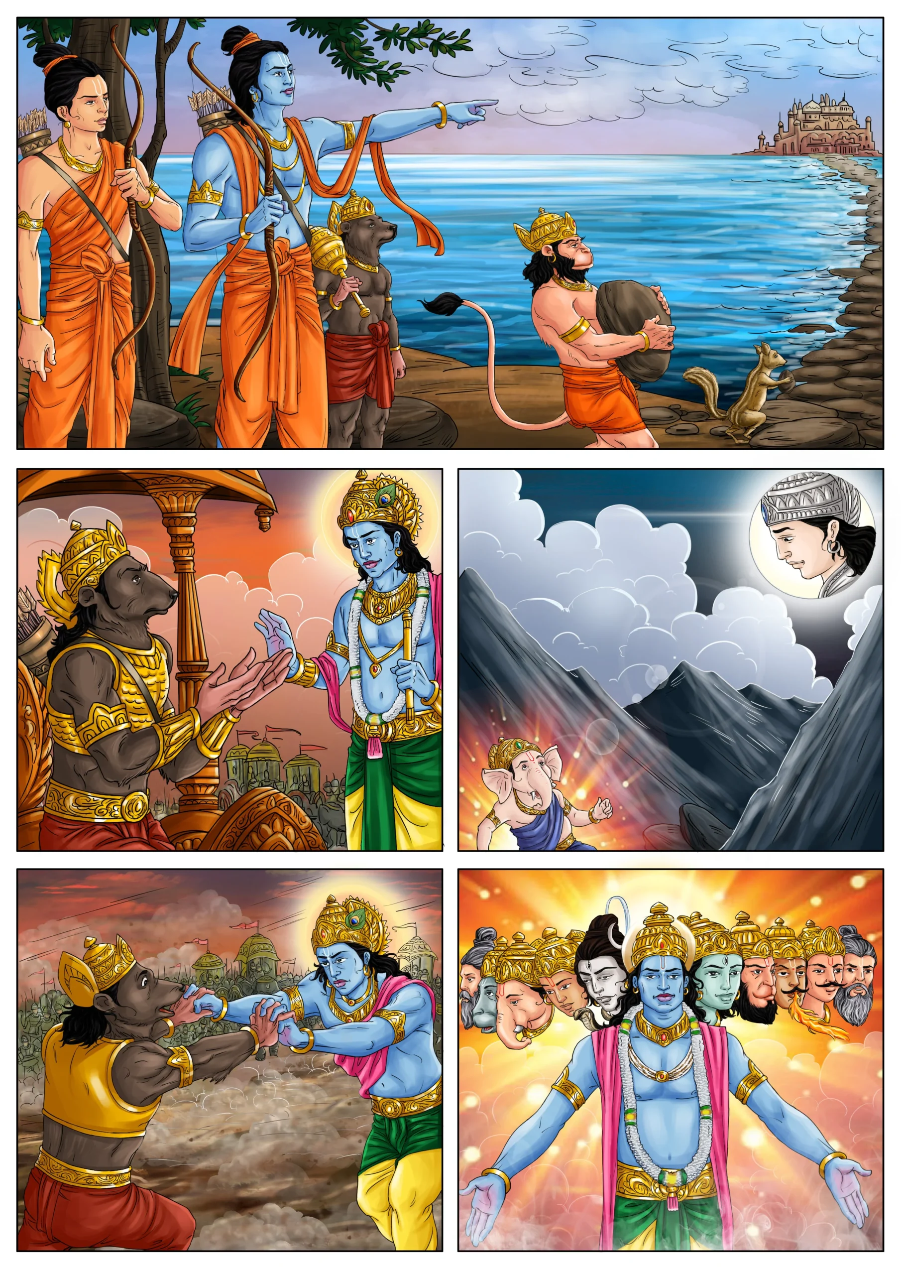 Mythological illustration depicting Lord Rama, Hanuman, Jambavan, and Lord Ganesha in a Hindu epic comic-style artwork featuring the Ram Setu and divine transformation.