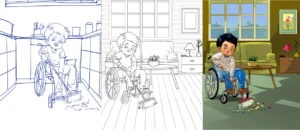 Children's book illustration process showing sketch, line art, and final coloured artwork of a child in a wheelchair cleaning the floor.