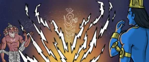 Mythological illustration of Lord Brahma and Lord Vishnu witnessing the divine Om symbol emerging through cosmic energy in Hindu mythology.