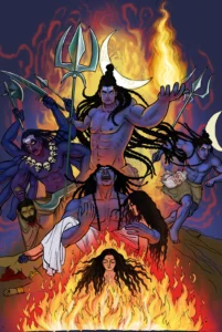 Mythological illustration of Lord Shiva in multiple fierce forms with Trishul, crescent moon, fire, Kali, Daksha Yajna, and Virabhadra in a dramatic Hindu mythology scene.